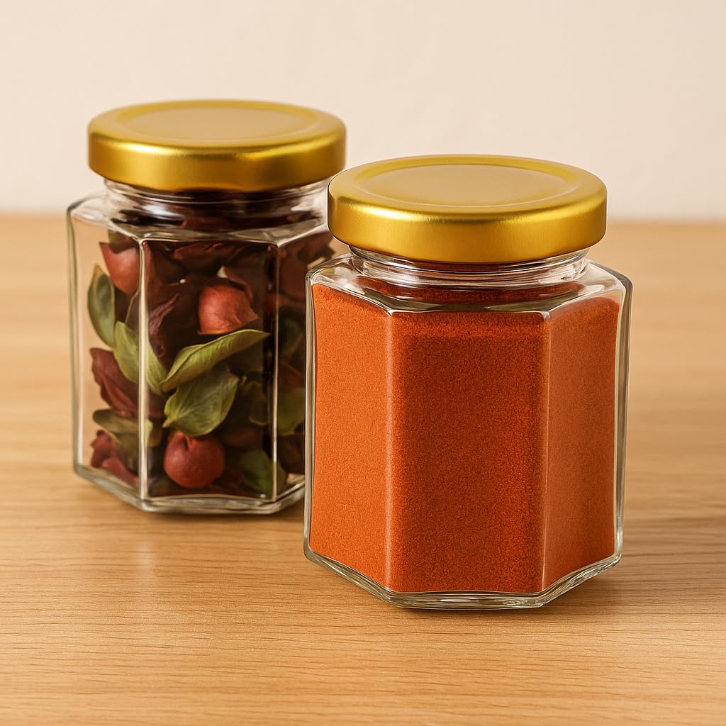 Pure Source India 190ml Hexagon Glass Jar with Golden Lid | Airtight & Leakproof | Dishwasher & Freezer Safe |for Spices, Pickles, Honey, Dry Fruits, Gifts & Kitchen Organization