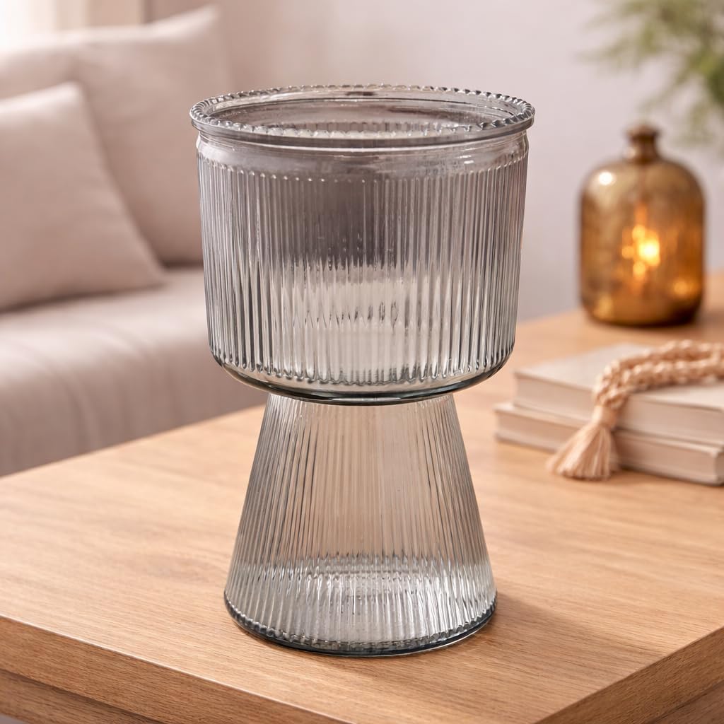 Pure Source India Decorative Ribbed Glass Vase 7.5Inch with Pedestal Base – Modern Flower Vase for Living Room & Tabletop