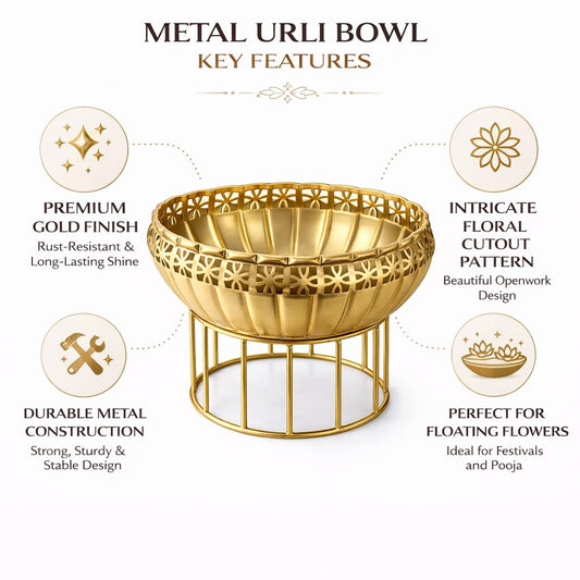 Pure Source India Metal Urli Bowl with Stand, Gold Finish Decorative Pedestal Bowl for Home Décor, Floating Flowers, Diya & Festive Pooja, 6.8 Inch