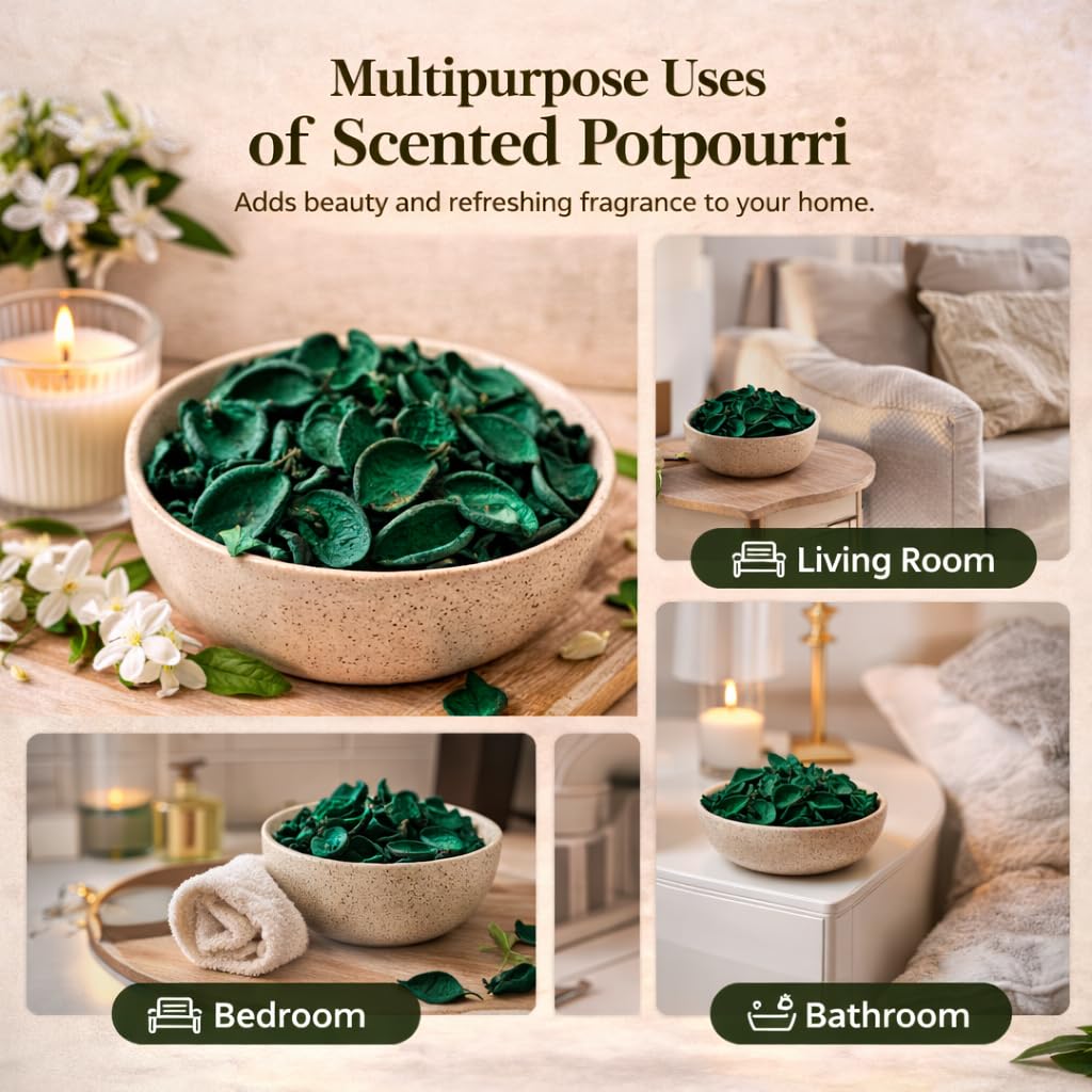 Pure Source India Green, Potpourri – Natural Dried Flower Fragrance Jasmine | Long Lasting Home Fragrance | Decorative Bowl Filler | Wardrobe & Car Freshener | Essential Oil Infused