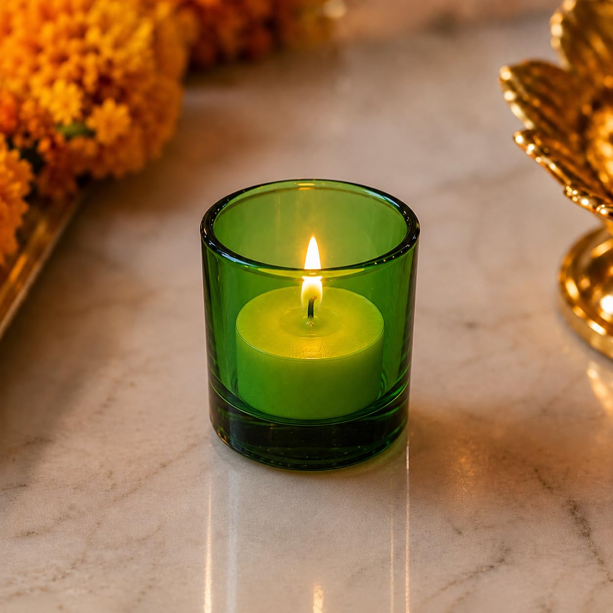 Pure Source India Set of 6 Glass Votive Tealight Candle Holders Green - Living Room Side Table Home Decoration