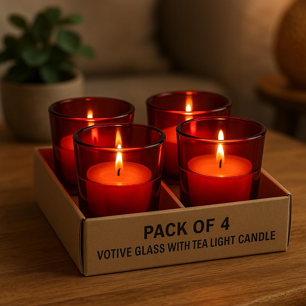 Pure Source India Pack of 4, Red Tea Light Votive Glass Candle Holders – Perfect for Diwali, Weddings, Spa & Holiday Décor