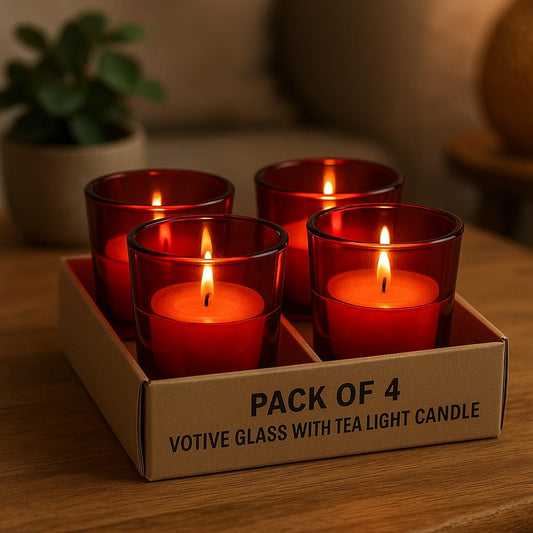 Pure Source India Pack of 4, Red Tea Light Votive Glass Candle Holders – Perfect for Diwali, Weddings, Spa & Holiday Décor