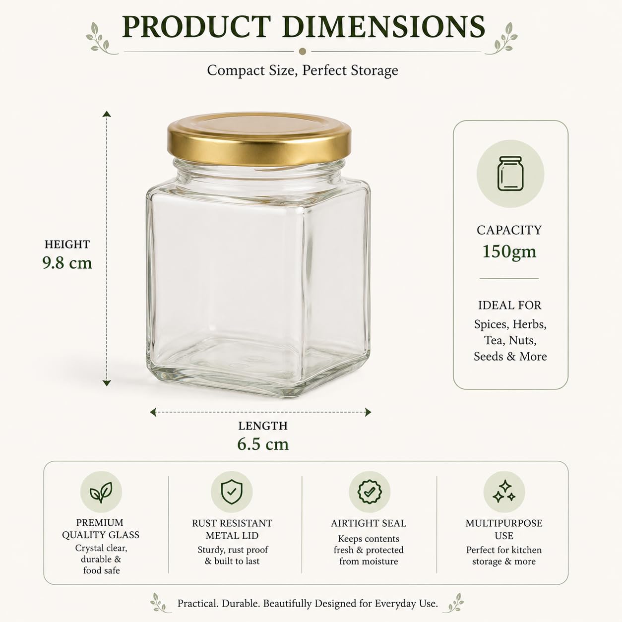 Pure Source India 150gm, Square Glass Jar with Gold Lug Cap | Airtight Food Storage Jar for Honey, Jam, Pickles, Spices & Preserves