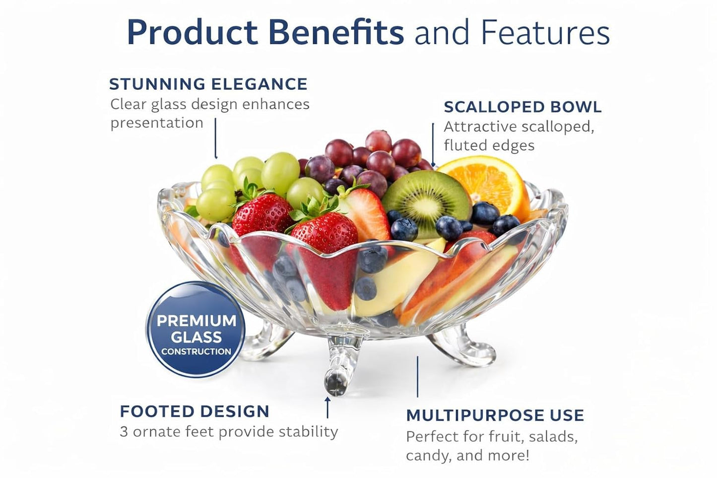 Pure Source India 8-Inch Clear Glass Fruit Bowl with Footed Base – 1.5 Liter Capacity Decorative Serving Bowl for Fruit, Salad & Home Décor