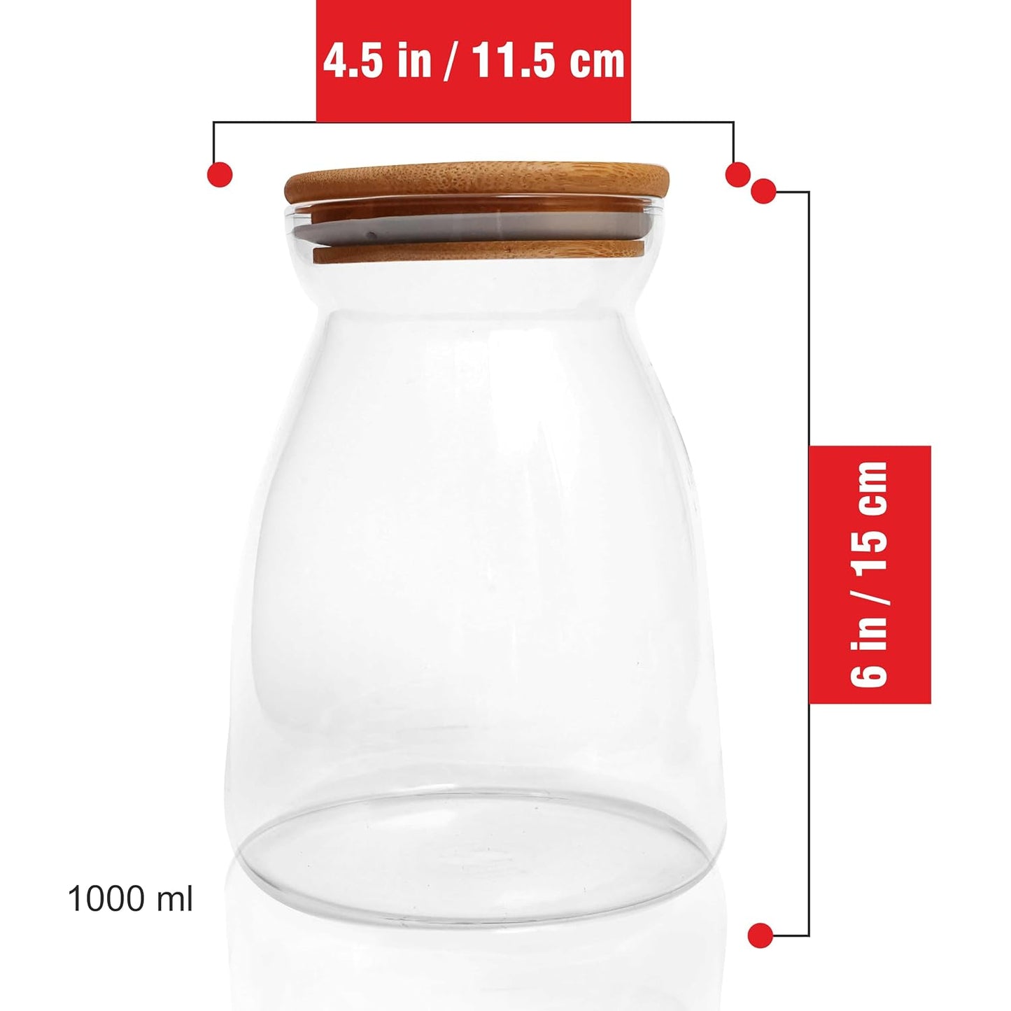 Pure Source India 1000ml 6Inch Borosilicate Glass Bamboo Airtight Lid Jar For Kitchen Storage Flour, Sugar, Cookie & Dry Fruits(Clear)