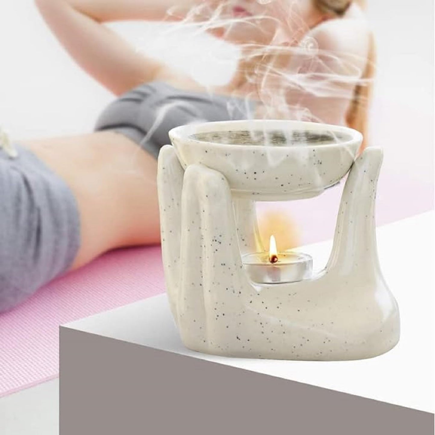 Pure Source India Ceramic Hand Type Oil Burner for Home, Office, with 1 Tea Light Candle, Made by Porcelain