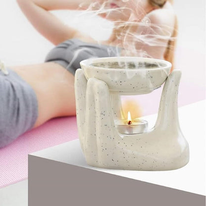 Pure Source India Ceramic Hand Type Oil Burner for Home, Office, with 1 Tea Light Candle, Made by Porcelain