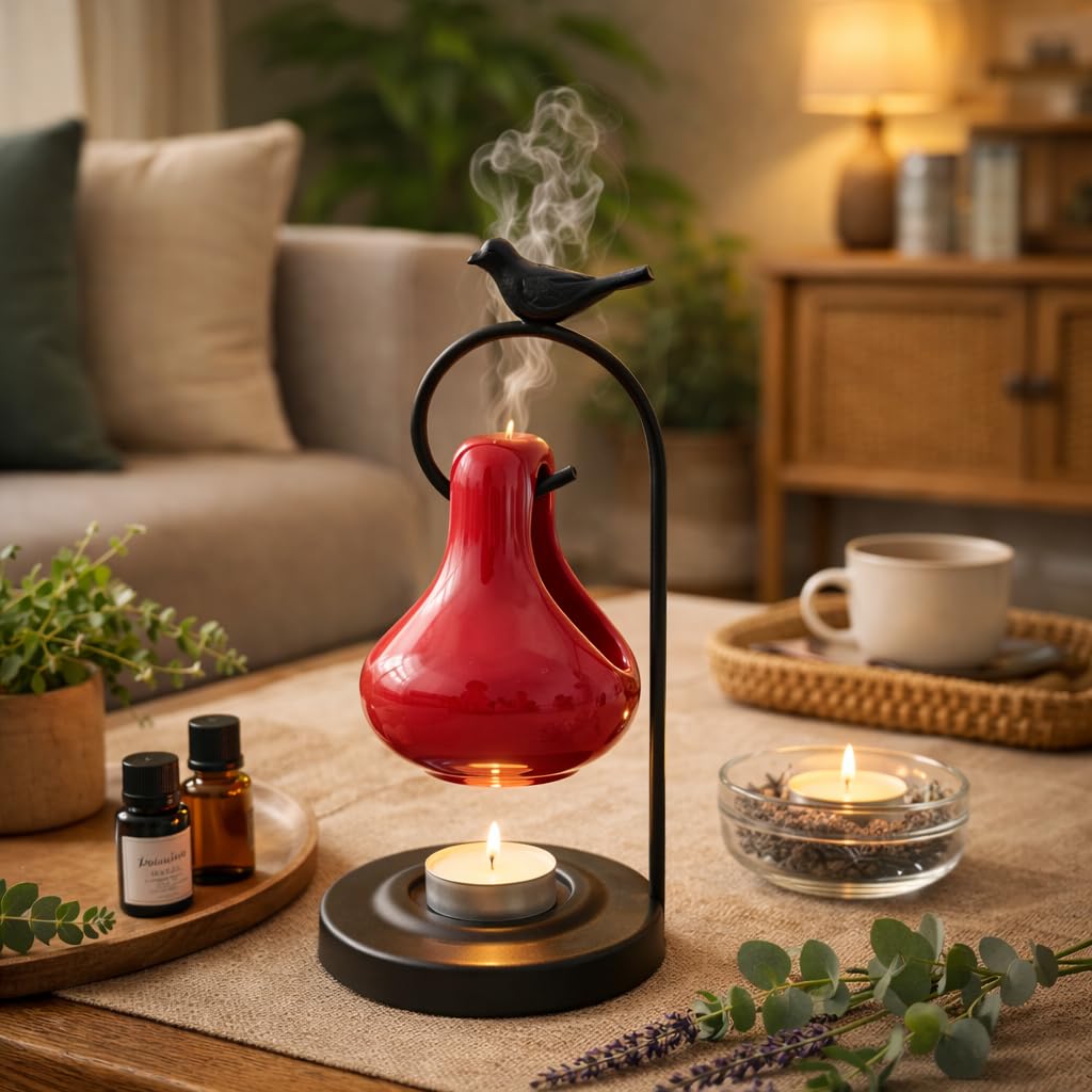 Pure Source India Ceramic Oil Burner with Metal Stand, Hanging Aromatherapy Diffuser, Decorative Bird Design, 9 Inch for Home Décor, Meditation & Gifting