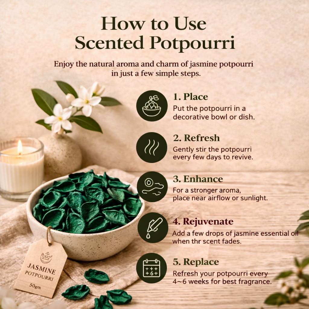Pure Source India Green, Potpourri – Natural Dried Flower Fragrance Jasmine | Long Lasting Home Fragrance | Decorative Bowl Filler | Wardrobe & Car Freshener | Essential Oil Infused