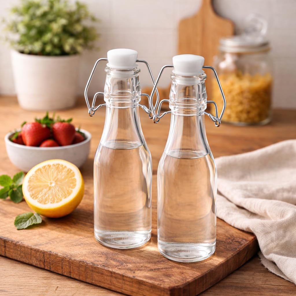 Premium 250ml Glass Water Bottle with Airtight Flip Top Cap | Leakproof & Reusable Bottle for Water, Juice, Oil, Vinegar