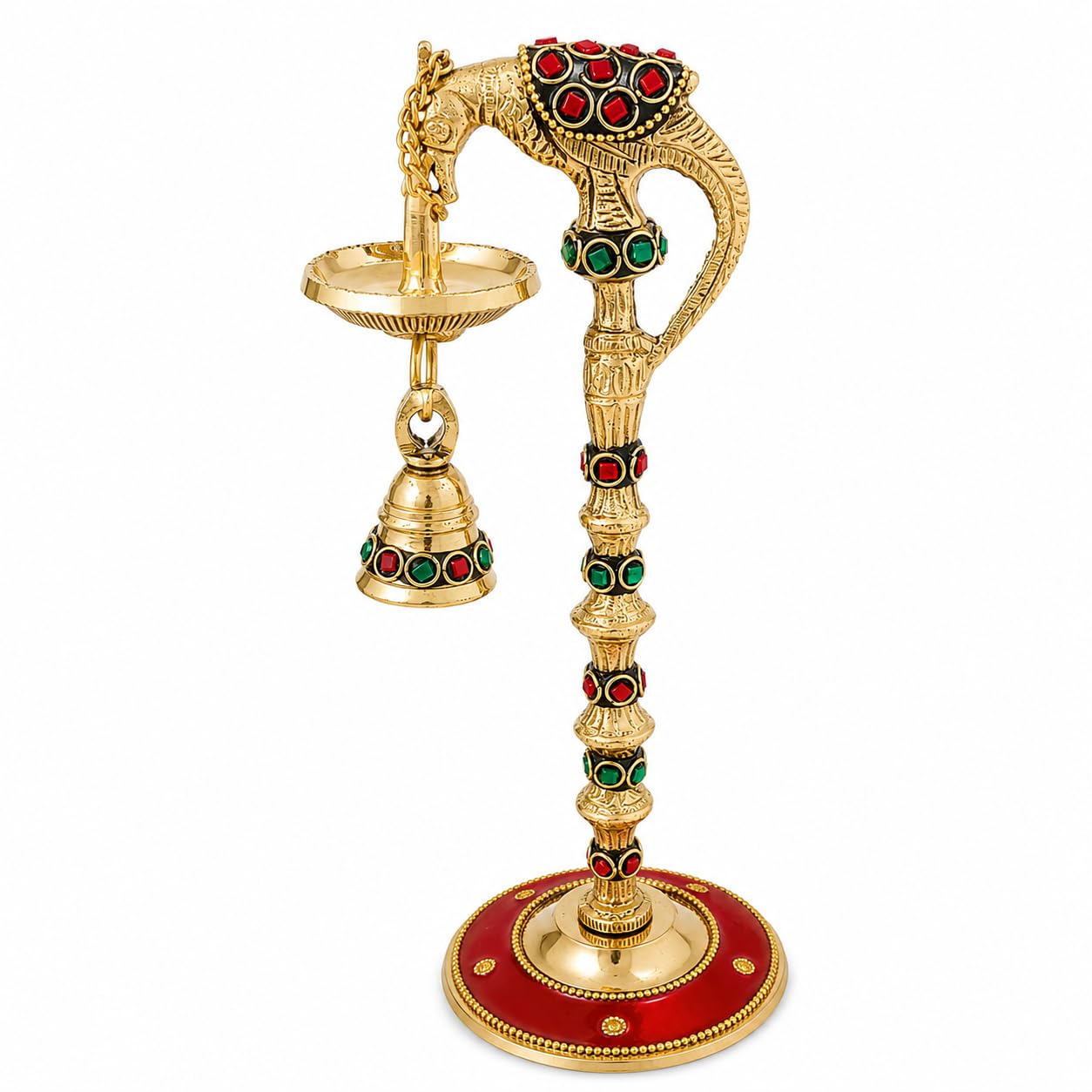 9 Inch Brass Peacock Diya for Pooja | Traditional Decorative Oil Lamp with Hanging Bell | Handmade Brass Deepam for Home Temple, Mandir, Diwali, Navratri & Housewarming Gift