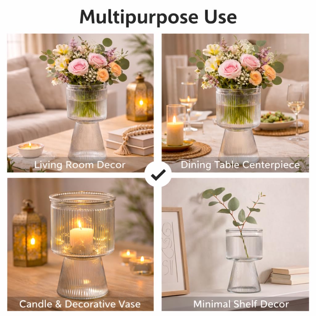Pure Source India Decorative Ribbed Glass Vase 7.5Inch with Pedestal Base – Modern Flower Vase for Living Room & Tabletop