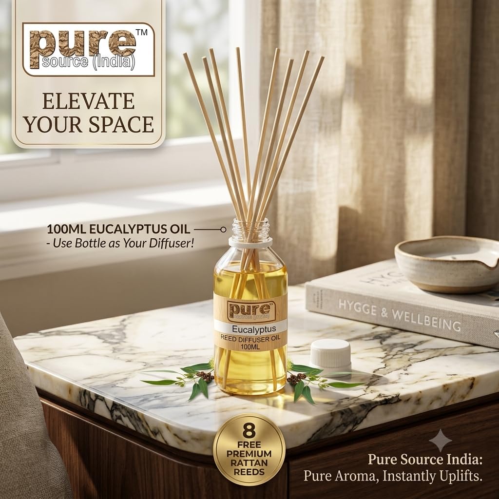 Pure Source India 100ML Eucalyptus  Aroma Reed Diffuser Refill , 8 Pcs Reed Stick Coming Free With This Reed Diffuser Oil