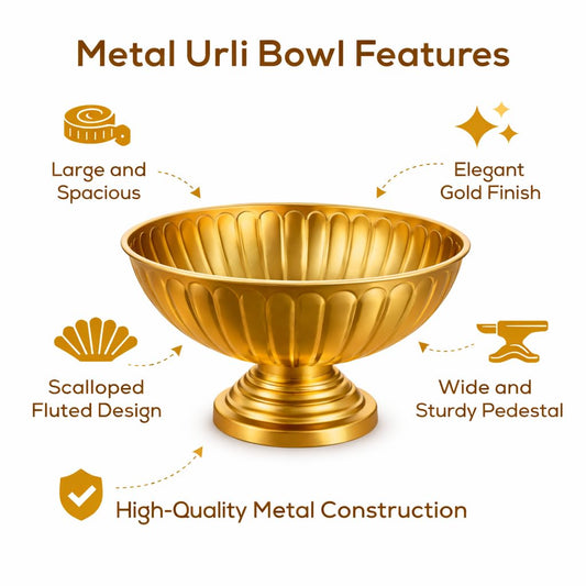 Pure Source India Decorative Metal Urli Bowl, Round with Pedestal Stand, Matte Gold Finish, 8.5 Inch, for Center Table, Floating Flower & Diya Décor, Home, Pooja & Festivals