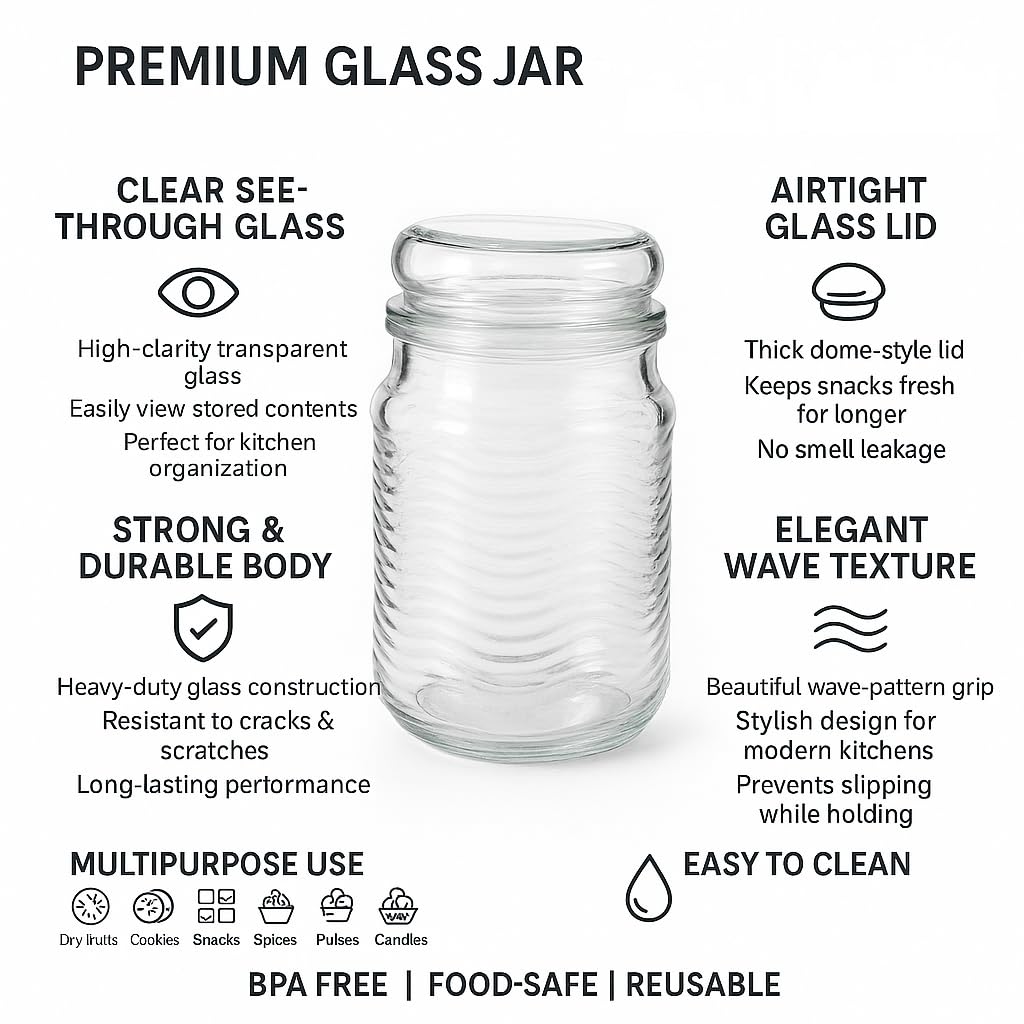 Pure Source India 500 ml Glass Jar Container with Airtight Lid | Wavy Design Storage Jar for Kitchen | Ideal for Dry Fruits, Snacks, Cookies, Spices & Multipurpose Use