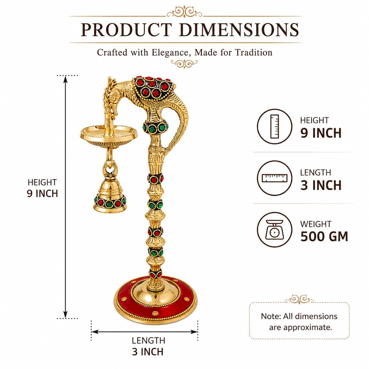 9 Inch Brass Peacock Diya for Pooja | Traditional Decorative Oil Lamp with Hanging Bell | Handmade Brass Deepam for Home Temple, Mandir, Diwali, Navratri & Housewarming Gift