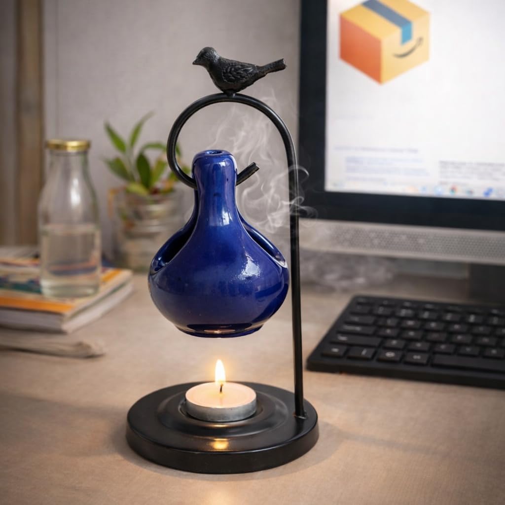 Pure Source India Ceramic Oil Burner with Metal Stand, Hanging Aromatherapy Diffuser, Decorative Bird Design, 9 Inch for Home Décor, Meditation & Gifting