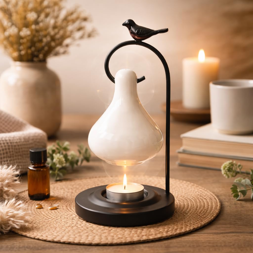 Pure Source India Ceramic Oil Burner with Metal Stand, Hanging Aromatherapy Diffuser, Decorative Bird Design, 9 Inch for Home Décor, Meditation & Gifting