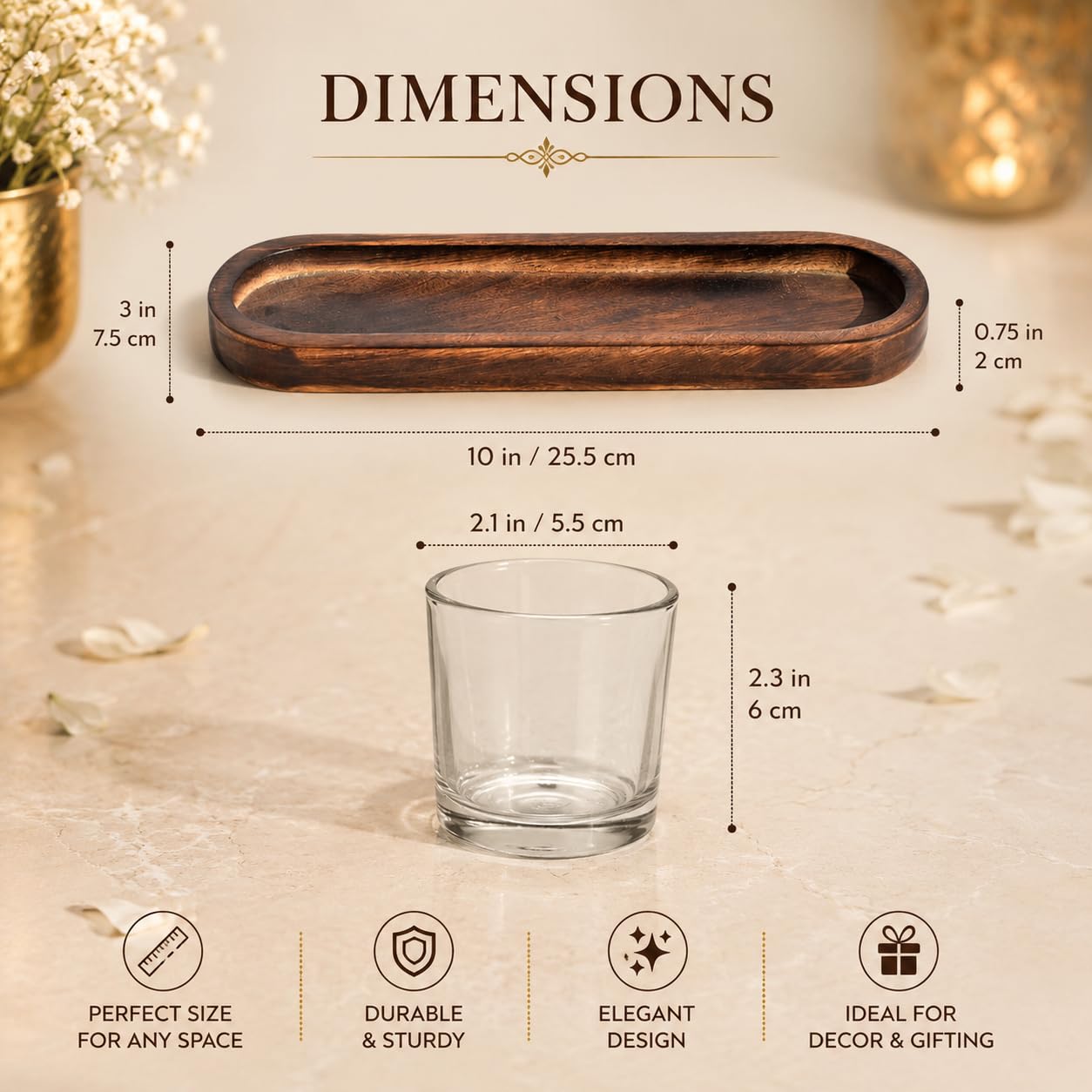 Pure Source India Glass Votive Tealight Candle Holders with Wooden Tray for Home Décor, Diwali Gifting, Living Room (Clear)
