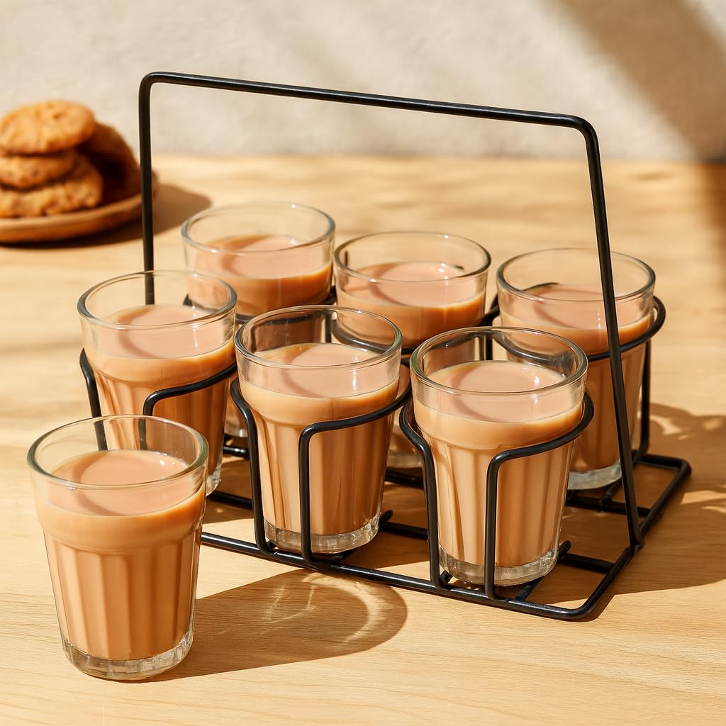 Pure Source India Cutting Chai Glasses with Iron Stand, Set of 6 | 120ml Transparent Tea Glasses for Home, Kitchen, Café, Restaurant & Dhaba | Chai Cups for Serving Tea & Coffee
