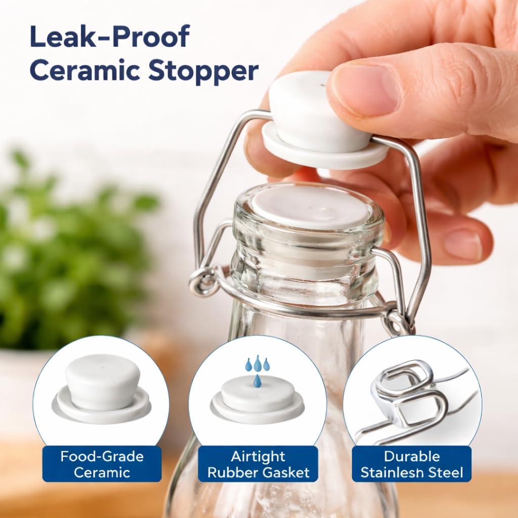 Premium 250ml Glass Water Bottle with Airtight Flip Top Cap | Leakproof & Reusable Bottle for Water, Juice, Oil, Vinegar