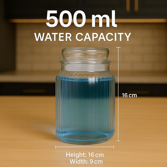Pure Source India Premium 500ml Ribbed Glass Storage Jar with Airtight Lid | Clear Multipurpose Container for Kitchen Storage | Ideal for Dry Fruits, Snacks, Spices, Cookies, Sugar & More