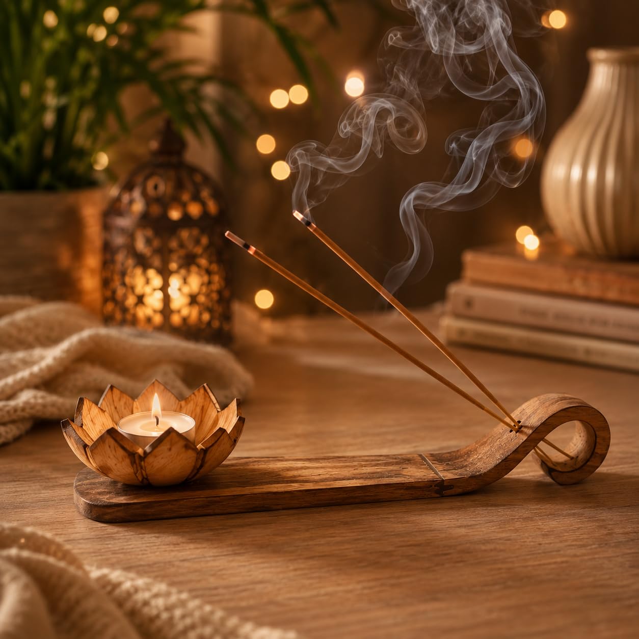 Wooden Incense Holder with Lotus Tea Light Candle Holder | Dual-Purpose Ash Catcher & Candle Stand | Natural Wooden Agarbatti Stand for Home, Office, Meditation, Yoga & Pooja Décor