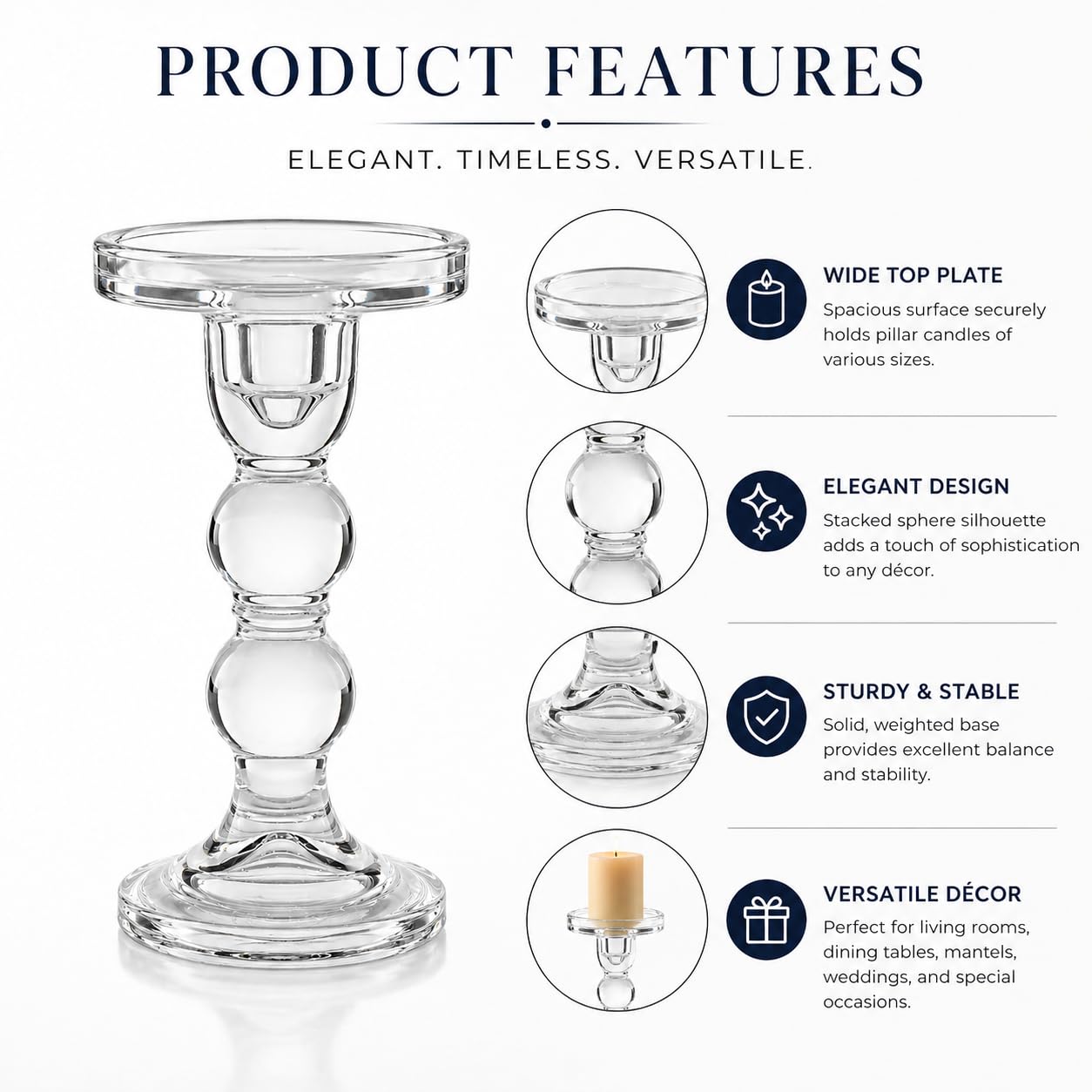 Pure Source India Glass Candle Holder for Pillar & Taper Candles | Elegant Crystal Candlestick Stand for Dining Table, Wedding, Home Décor