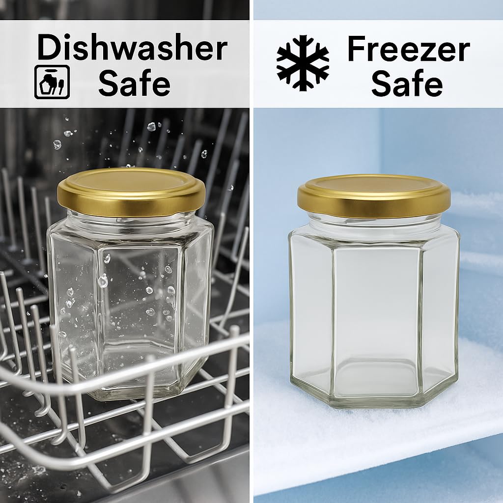 Pure Source India 190ml Hexagon Glass Jar with Golden Lid | Airtight & Leakproof | Dishwasher & Freezer Safe |for Spices, Pickles, Honey, Dry Fruits, Gifts & Kitchen Organization