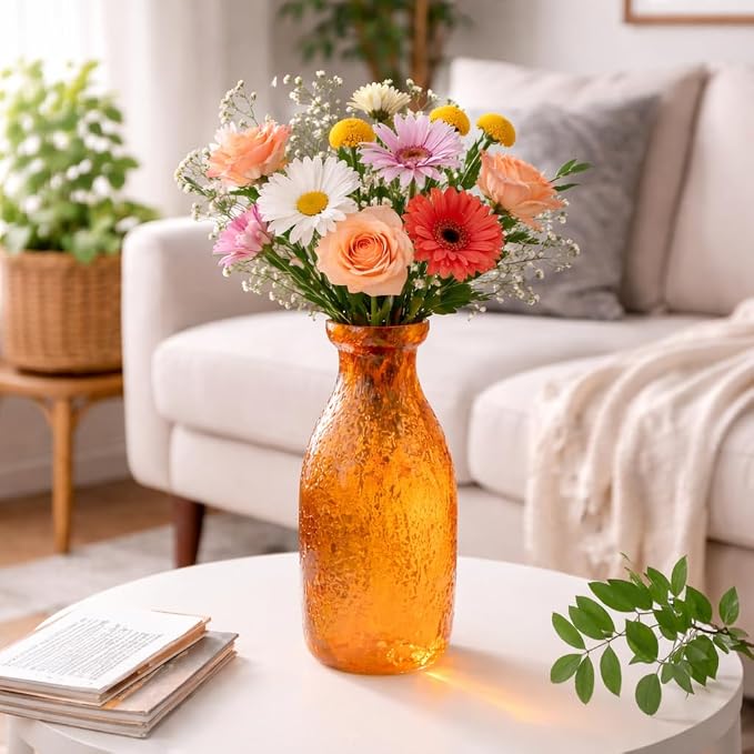 Pure Source India Elegant Orange Textured Glass Flower Vase – Decorative Bubbled Design, Modern Home Décor Accent, Table Centerpiece