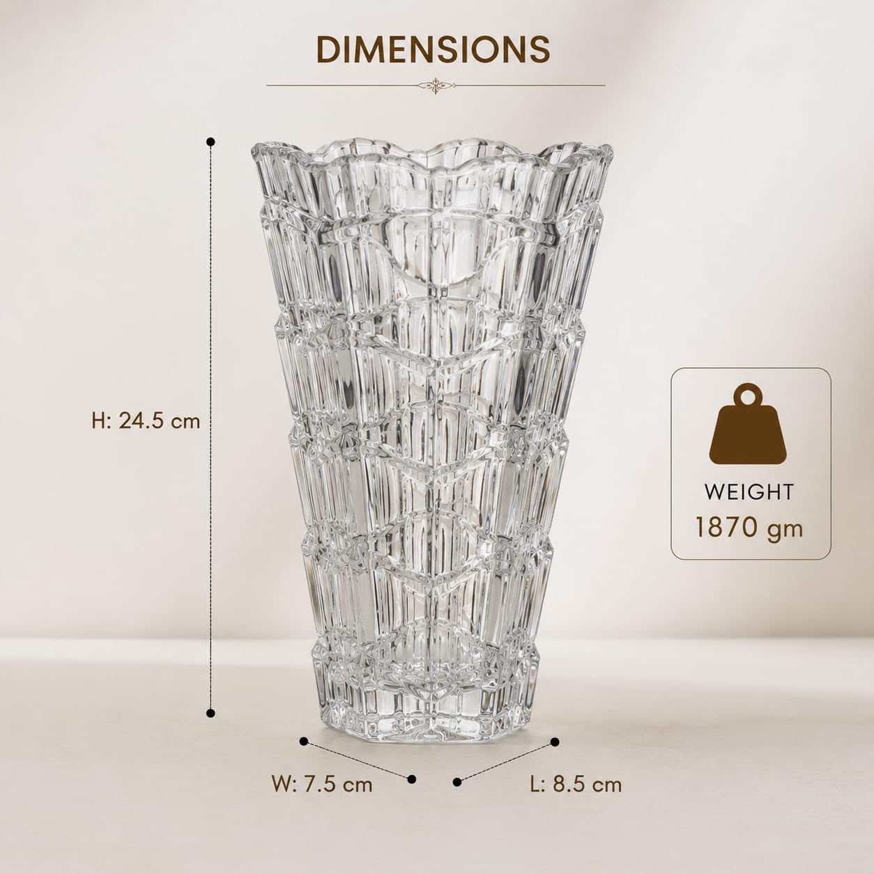 Pure Source India Square Crystal Glass Flower Vase | Clear Decorative Table Vase for Fresh & Artificial Flowers | Modern Square Cut Glass Vase for Home, Office & Gifting | 9.6 Inch