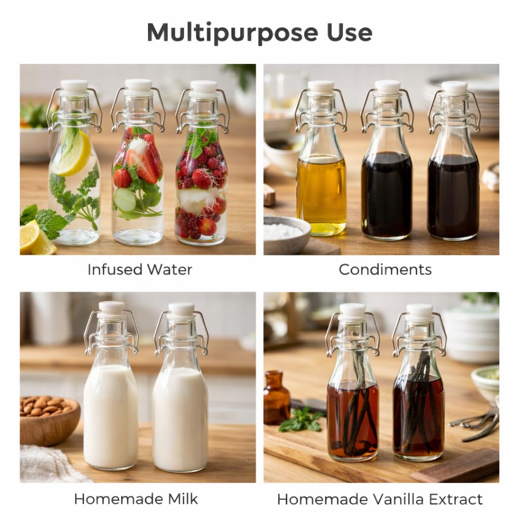 Premium 250ml Glass Water Bottle with Airtight Flip Top Cap | Leakproof & Reusable Bottle for Water, Juice, Oil, Vinegar
