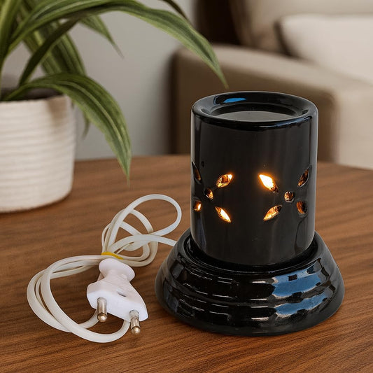 Pure Source India Ceramic Mini Electric Aroma Oil Burner with 10ml Lavender Essential Oil – Decorative Fragrance Diffuser for Home, Office & Spa