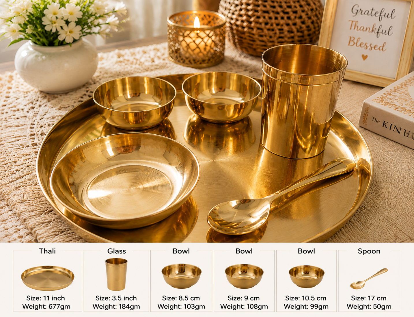 Pure Source India Kansa Solid Thali Set for Home, Kitchen, Dinning Table, Hotel & Gifting Purpose Set of 6 (Gold)