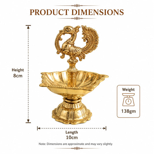 Pure Source India Brass Peacock Diya for Puja | Traditional Oil Lamp, 10 cm Length x 8 cm Height | Decorative Brass Deepam for Home Temple, Mandir, Aarti, Diwali & Festive Gifting