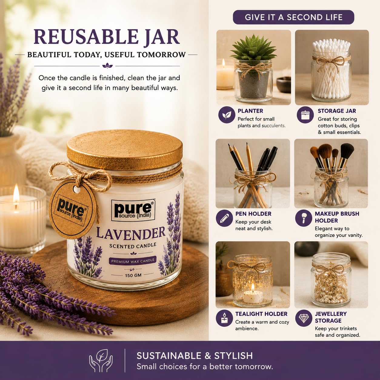 Pure Source India Premium Lavender Scented Wax Candle, 150 g | 35–40 Hours Long Burn Time | Aromatherapy Jar Candle for Home Fragrance, Home Decor, Diwali, Raksha Bandhan, Office, Spa & Gifting