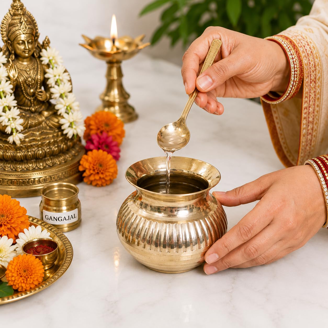 Pure Source India Brass Gangajal Lota for Pooja | 200 ML Traditional Brass Kalash Pot for Holy Water | Abhishek, Home Temple, Religious Rituals & Worship