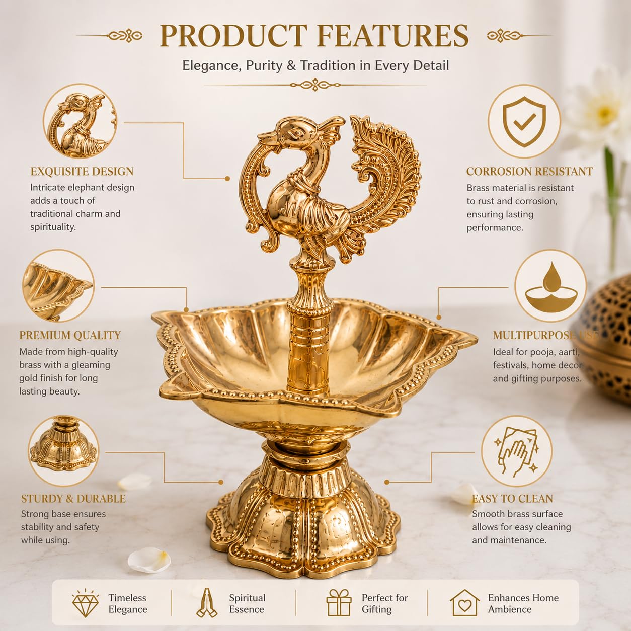 Pure Source India Brass Peacock Diya for Puja | Traditional Oil Lamp, 10 cm Length x 8 cm Height | Decorative Brass Deepam for Home Temple, Mandir, Aarti, Diwali & Festive Gifting