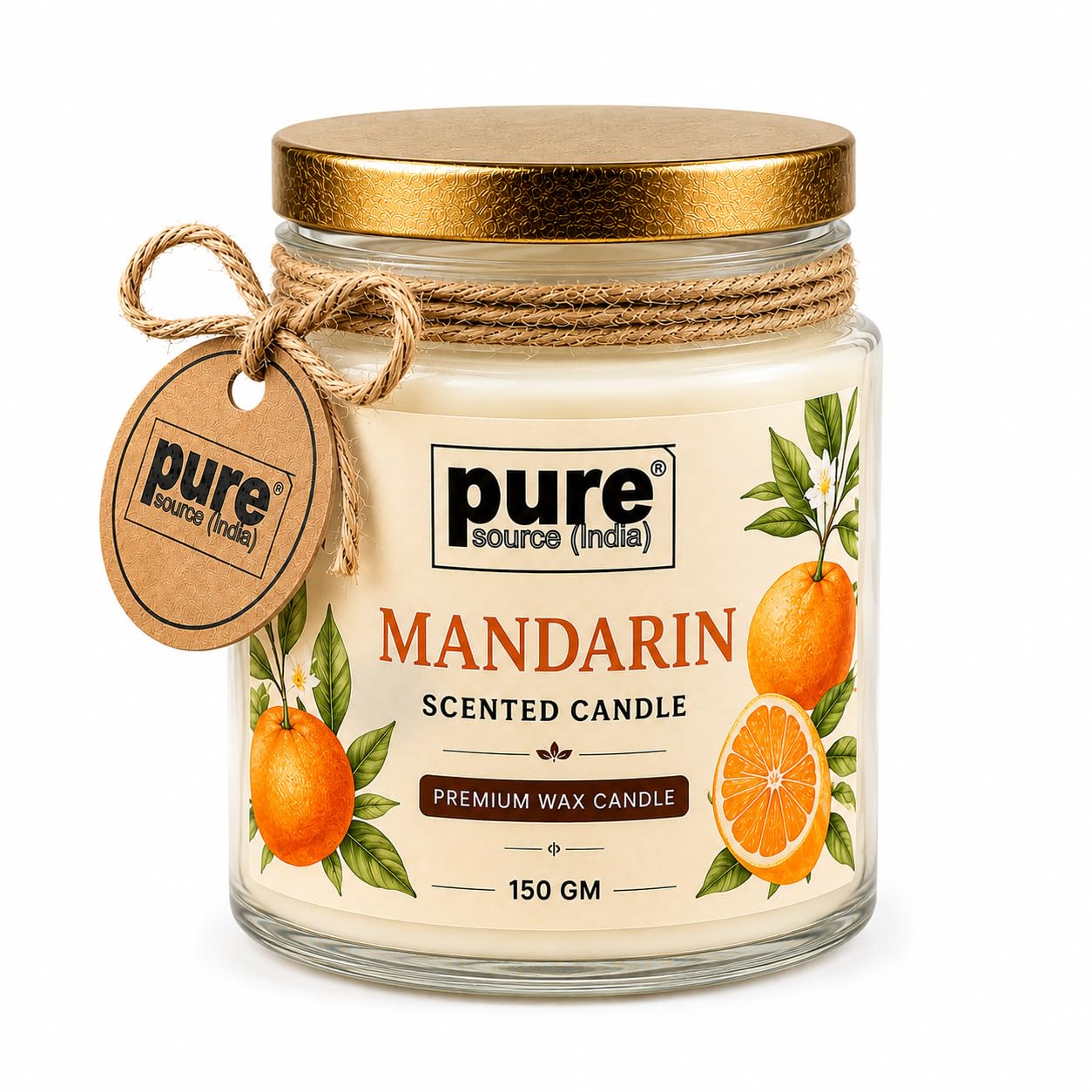 Pure Source India Premium Mandarin Scented Wax Candle, 150 g | 35–40 Hours Long Burn Time | Aromatherapy Jar Candle for Home Fragrance, Home Decor, Diwali, Raksha Bandhan, Office, Spa & Gifting