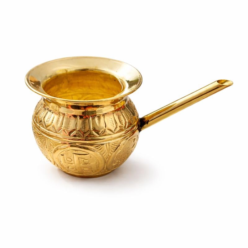 Pure Source India Brass Engraved Lota Kalash with Spout | 3.8 Inch Traditional Brass Karwa | Holy Water Pot for Pooja, Rituals, Festivals & Spiritual Worship