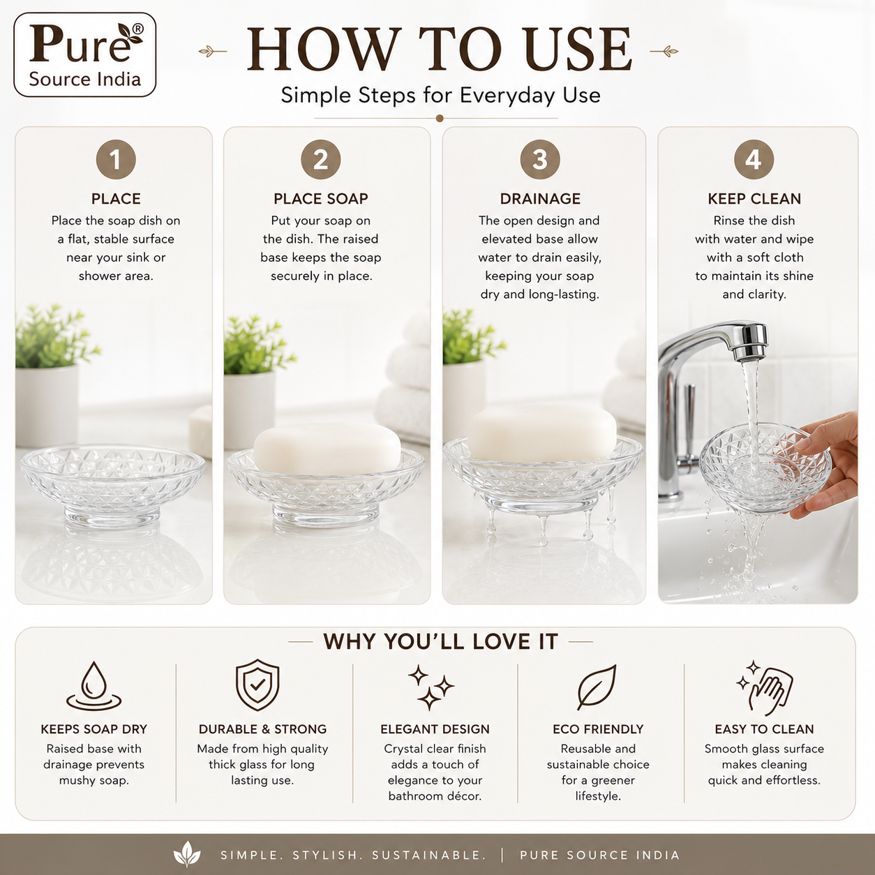 Pure Source India Crystal Glass Soap Dish for Bathroom 4.5 Inch| Elegant Transparent Soap Holder with Anti-Slip Design | Ideal for Washbasin, Shower & Kitchen Counter