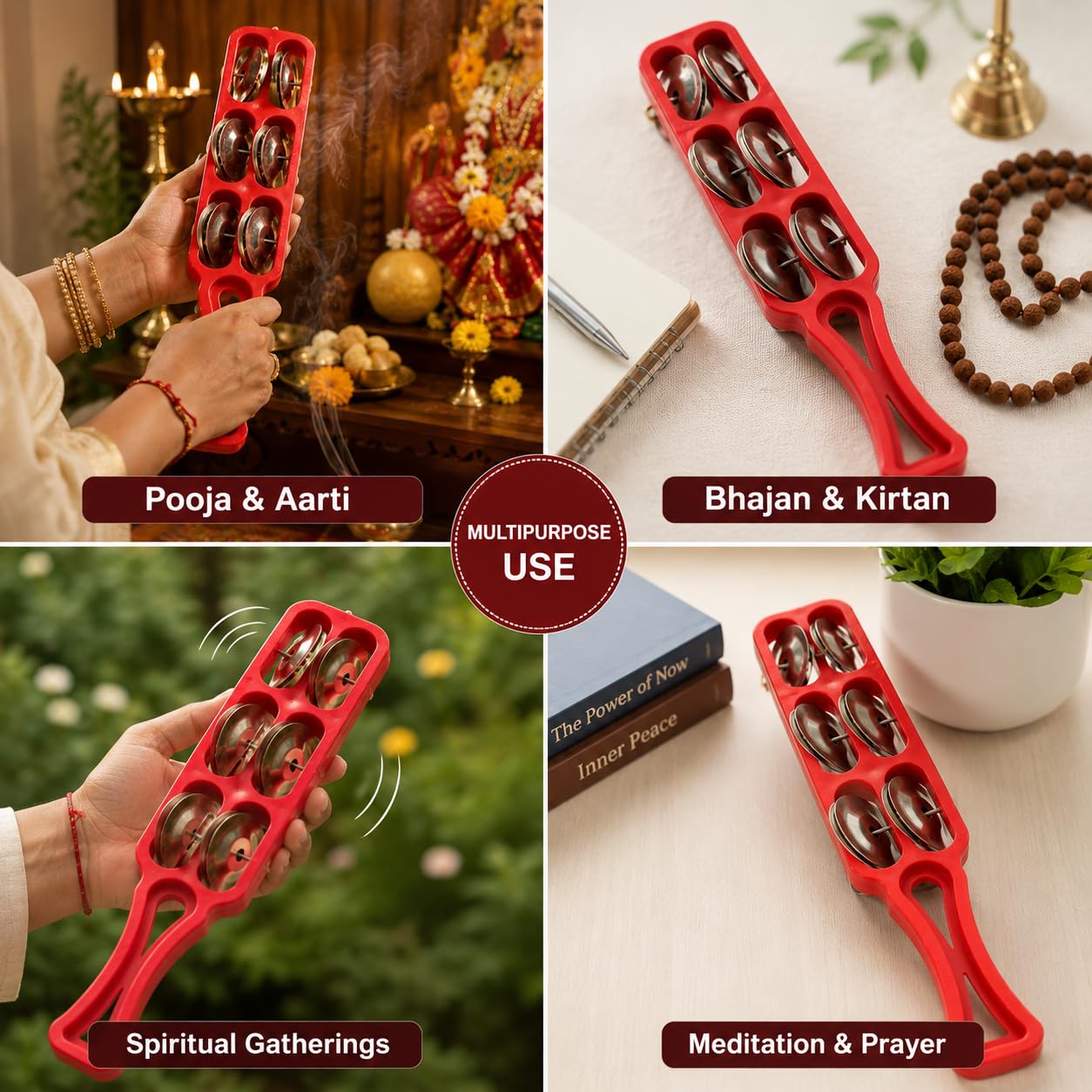 Pure Source India Handheld Plastic Tambourine Pack of 2 | 3-Pair Metal Jingle Percussion Instrument | Ideal for Bhajan, Kirtan, Pooja, Aarti, Garba, Music Practice & Cultural Events | Red