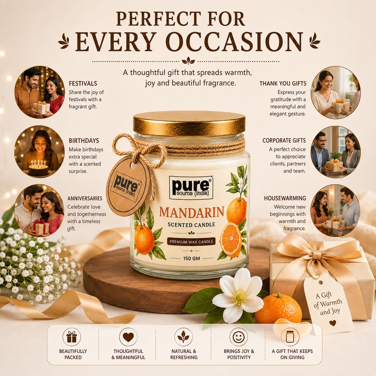 Pure Source India Premium Mandarin Scented Wax Candle, 150 g | 35–40 Hours Long Burn Time | Aromatherapy Jar Candle for Home Fragrance, Home Decor, Diwali, Raksha Bandhan, Office, Spa & Gifting