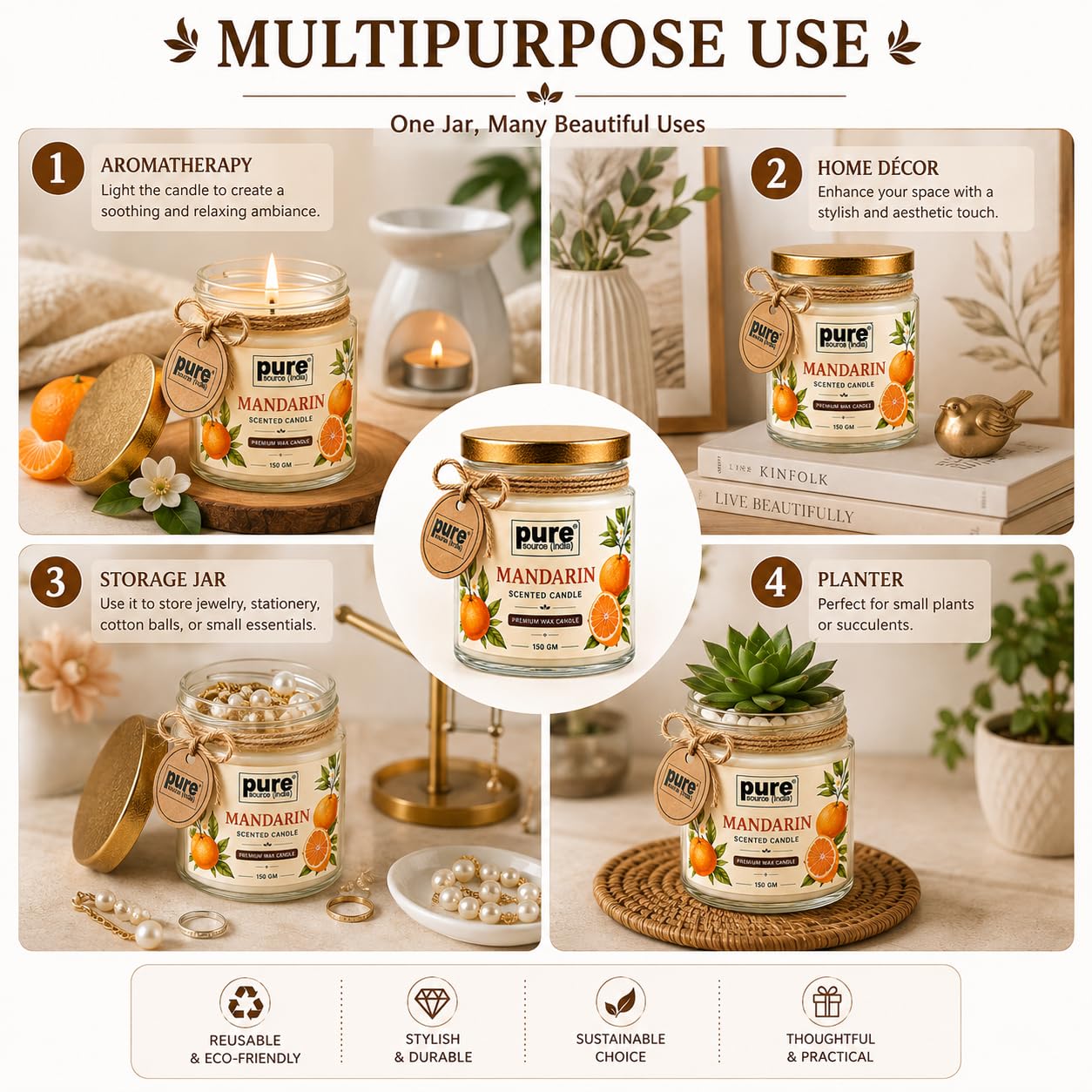 Pure Source India Premium Mandarin Scented Wax Candle, 150 g | 35–40 Hours Long Burn Time | Aromatherapy Jar Candle for Home Fragrance, Home Decor, Diwali, Raksha Bandhan, Office, Spa & Gifting