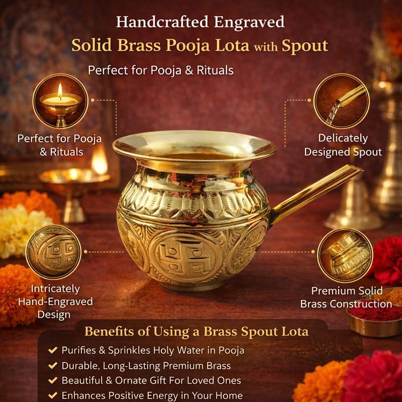 Pure Source India Brass Engraved Lota Kalash with Spout | 3.8 Inch Traditional Brass Karwa | Holy Water Pot for Pooja, Rituals, Festivals & Spiritual Worship