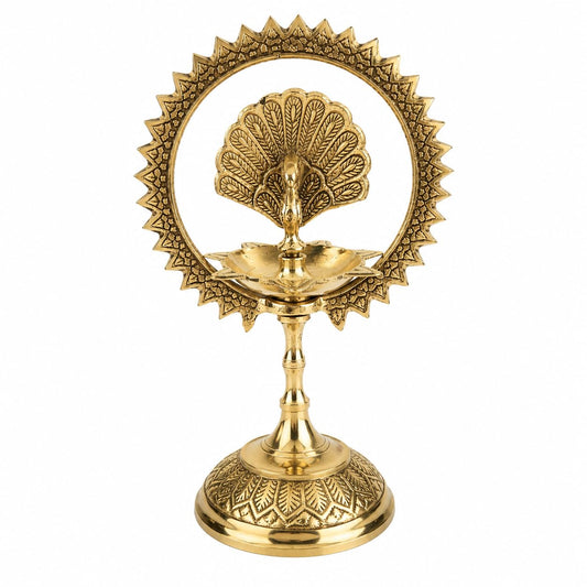 Pure Source India Brass Peacock Diya with Decorative Halo Ring, 8L x 15W x 8H cm | Traditional Brass Oil Lamp for Pooja, Aarti, Temple, Home Decor, Diwali & Festive Gifting