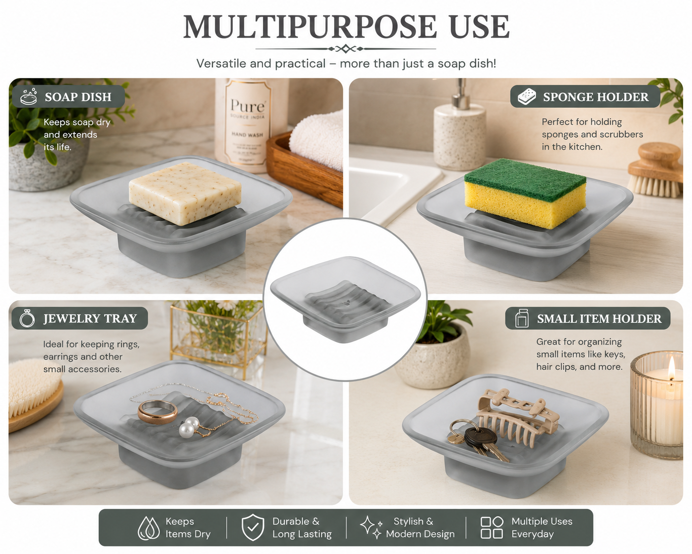 Pure Source India Glass Soap Dish, Frosted Square