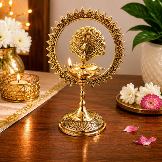 Pure Source India Brass Peacock Diya with Decorative Halo Ring, 8L x 15W x 8H cm | Traditional Brass Oil Lamp for Pooja, Aarti, Temple, Home Decor, Diwali & Festive Gifting