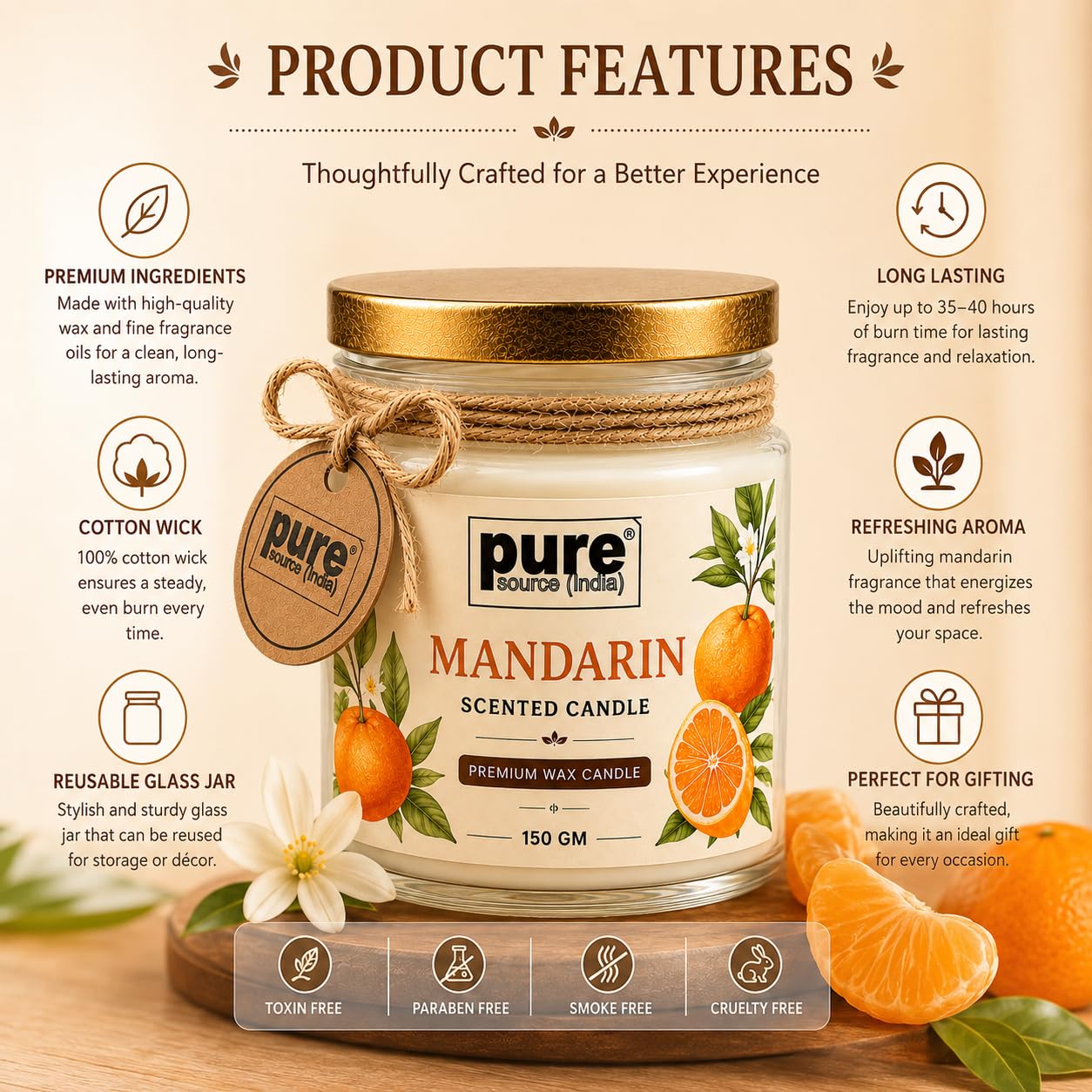Pure Source India Premium Mandarin Scented Wax Candle, 150 g | 35–40 Hours Long Burn Time | Aromatherapy Jar Candle for Home Fragrance, Home Decor, Diwali, Raksha Bandhan, Office, Spa & Gifting